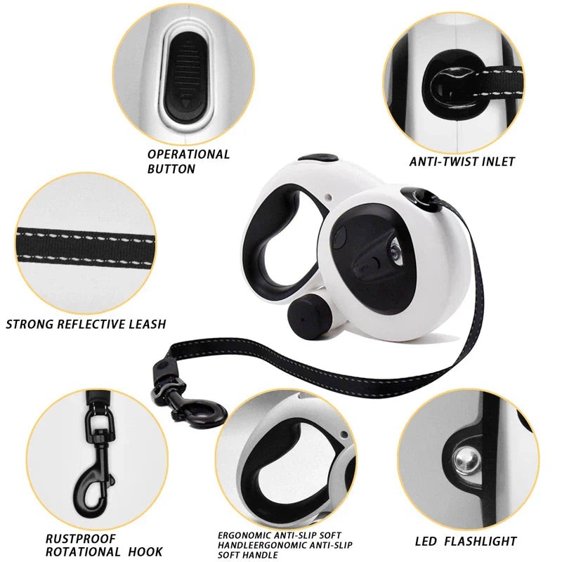 Dog Leash with LED Flashlight & Poop Bag Dispenser
