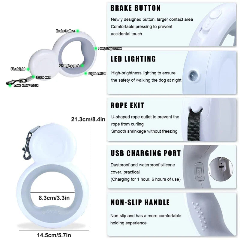 USB Rechargeable LED - Retractable Dog Leash