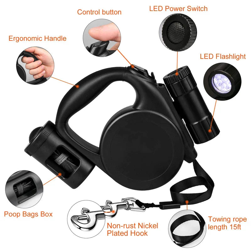 Retractable Dog Leash with Poop Bag Holder & Flashlight