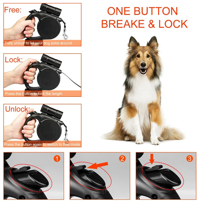 Retractable Dog Leash with Poop Bag Holder & Flashlight