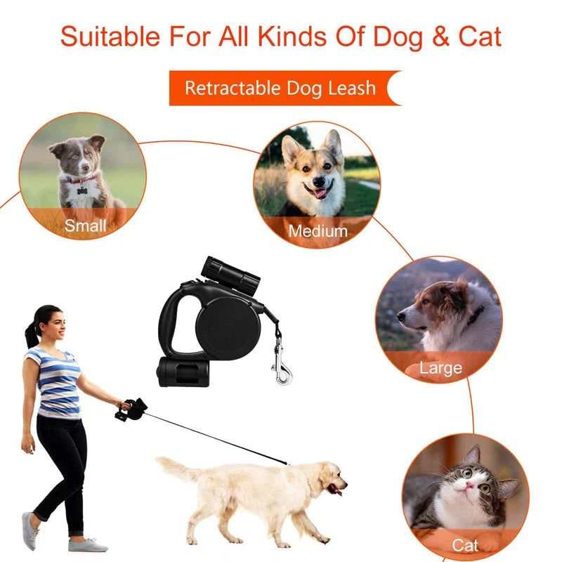 Retractable Dog Leash with Poop Bag Holder & Flashlight